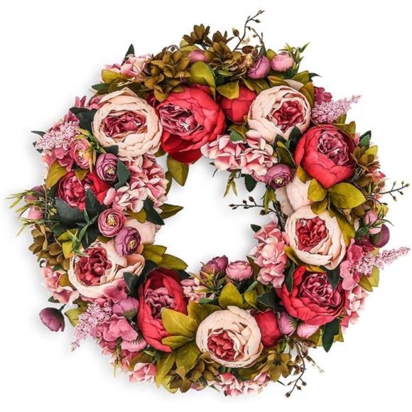 Artificial Peony Flower Wreath 19Inch Vintage Blooming SilkPeonies Spring Summer - Picture 1 of 8
